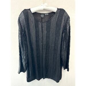 🆕 JEWEL QUEEN | Vintage Black 100% Silk Sequin Beaded Heavyweight Cardigan | XL